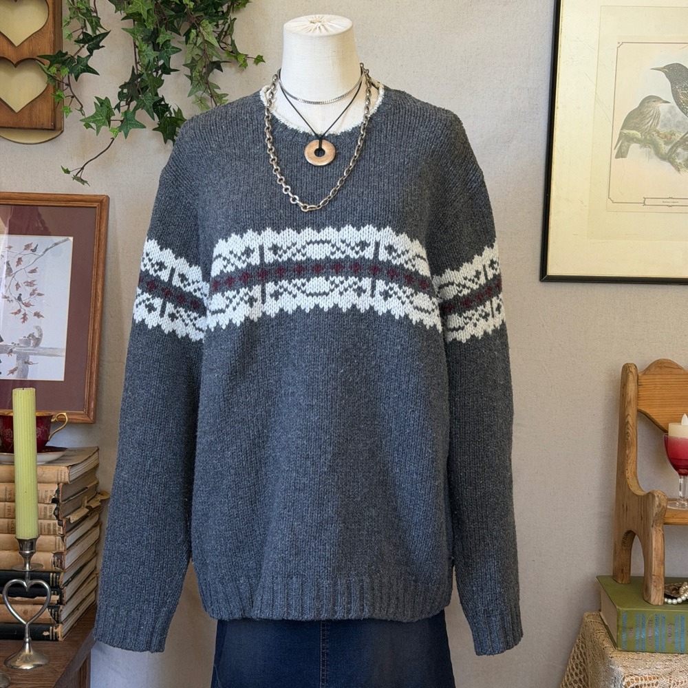 Eddie Bauer Gray Fair Isle Cotton Wool Sweater Oversized Granola Boho Large Cozy